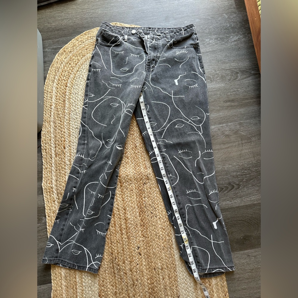 Abstract Patterned Black Denim Pants